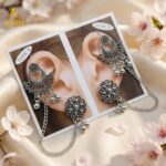 Oxidized Silver Ethnic Ear Cuff Chain Earrings with Studs | Traditional Boho Tribal Jewelry - Image 5