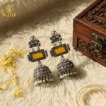 Traditional Oxidized Silver Jhumka Earrings with Yellow Stone & Pearl Hanging. - Image 4