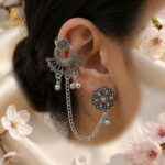 Oxidized Silver Ethnic Ear Cuff Chain Earrings with Studs | Traditional Boho Tribal Jewelry - Image 2