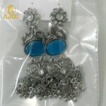 Handcrafted Oxidized Silver Turquoise Stone Jhumka Earrings with Intricate Filigree Work and Multi-Drop Danglers - Image 7