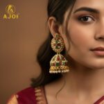 Exquisite Traditional Kundan Jhumka Earrings with Ruby & Emerald Stones, Handcrafted Gold-Tone Pearl Drop Bridal Jewelry - Image 2