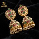 Exquisite Traditional Kundan Jhumka Earrings with Ruby & Emerald Stones, Handcrafted Gold-Tone Pearl Drop Bridal Jewelry - Image 4