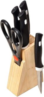 Kitchen Knife Set with Wooden Block and Scissors (5 pcs, Black) - Image 5