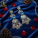 Handcrafted Oxidized Silver Turquoise Stone Jhumka Earrings with Intricate Filigree Work and Multi-Drop Danglers - Image 5
