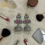 Royal Heirloom Oxidized Silver Jhumka Earrings with Blush Pink Stone, Intricate Hand-Engraved Motifs, Crystal Accents & Pearl Drop Fringe. - Image 2