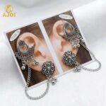 Oxidized Silver Ethnic Ear Cuff Chain Earrings with Studs | Traditional Boho Tribal Jewelry - Image 3