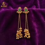 Imperial Kashmiri-Inspired Gold-Plated Ear Cuff Chain Earrings with Emerald Green Center Stone, Ruby Pink Accents & Grand Ghungroo Cluster Drops. - Image 5