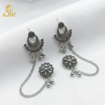 Oxidized Silver Ethnic Ear Cuff Chain Earrings with Studs | Traditional Boho Tribal Jewelry