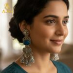 Handcrafted Oxidized Silver Turquoise Stone Jhumka Earrings with Intricate Filigree Work and Multi-Drop Danglers - Image 6