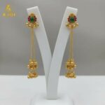 Imperial Kashmiri-Inspired Gold-Plated Ear Cuff Chain Earrings with Emerald Green Center Stone, Ruby Pink Accents & Grand Ghungroo Cluster Drops. - Image 3