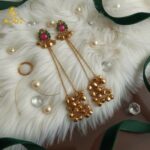 Royal Kashmiri-Inspired Gold-Plated Ear Cuff Chain Earrings with Ruby Pink & Emerald Green Stones, Dual Chain Ghungroo Drops & Antique Finish.