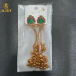 Imperial Kashmiri-Inspired Gold-Plated Ear Cuff Chain Earrings with Emerald Green Center Stone, Ruby Pink Accents & Grand Ghungroo Cluster Drops. - Image 6