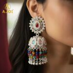 Heirloom-Inspired Silver Kundan Jhumka Earrings with Multicolor Bead Tassels & Pearl Accents - Image 2