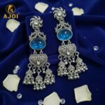 Handcrafted Oxidized Silver Turquoise Stone Jhumka Earrings with Intricate Filigree Work and Multi-Drop Danglers - Image 4