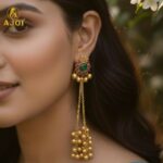 Imperial Kashmiri-Inspired Gold-Plated Ear Cuff Chain Earrings with Emerald Green Center Stone, Ruby Pink Accents & Grand Ghungroo Cluster Drops. - Image 2