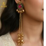 Royal Kashmiri-Inspired Gold-Plated Ear Cuff Chain Earrings with Ruby Pink & Emerald Green Stones, Dual Chain Ghungroo Drops & Antique Finish. - Image 2