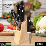 Kitchen Knife Set with Wooden Block and Scissors (5 pcs, Black) - Image 2