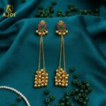 Imperial Kashmiri-Inspired Gold-Plated Ear Cuff Chain Earrings with Emerald Green Center Stone, Ruby Pink Accents & Grand Ghungroo Cluster Drops. - Image 4