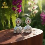 Royal Silver-Tone Kundan Jhumka Earrings with Multicolor Stone Inlay & Pearl Drop Detailing - Image 4