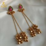 Royal Kashmiri-Inspired Gold-Plated Ear Cuff Chain Earrings with Ruby Pink & Emerald Green Stones, Dual Chain Ghungroo Drops & Antique Finish. - Image 4