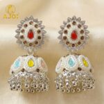 Royal Silver-Tone Kundan Jhumka Earrings with Multicolor Stone Inlay & Pearl Drop Detailing - Image 5