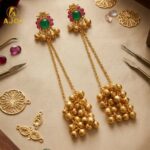 Imperial Kashmiri-Inspired Gold-Plated Ear Cuff Chain Earrings with Emerald Green Center Stone, Ruby Pink Accents & Grand Ghungroo Cluster Drops.