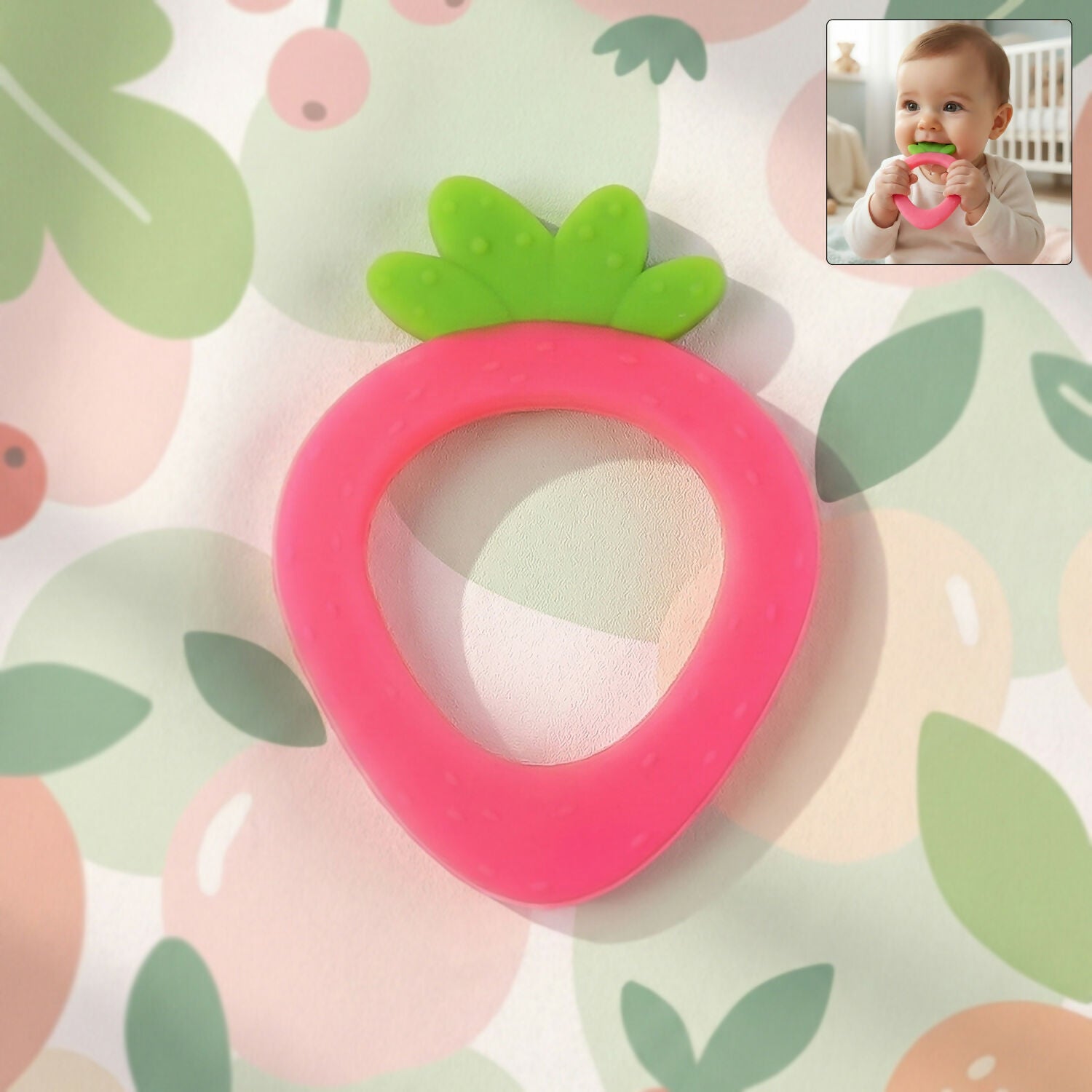 qoW64KqGop.jpg Strawberry shaped silicone baby teether - Image 1