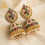 Exquisite Traditional Kundan Jhumka Earrings with Ruby & Emerald Stones, Handcrafted Gold-Tone Pearl Drop Bridal Jewelry - Image 5