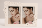 Elegant White Double Photo Frame with 3D Floral Embellishments and Crystal Accents