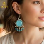 Oxidized Silver Multicolor Stone Drop Earrings with Beaded Fringe - Image 2