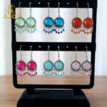 Oxidized Silver Multicolor Stone Drop Earrings with Beaded Fringe - Image 3