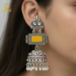 Traditional Oxidized Silver Jhumka Earrings with Yellow Stone & Pearl Hanging. - Image 2