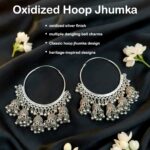 Handcrafted Oxidized Silver Hoop Jhumka Earrings with Intricate Filigree Detailing and Multiple Dangling Bell Drops - Image 4