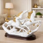 Three Running Horses Showpiece for Home Decor | White & Gold Finish - Image 2